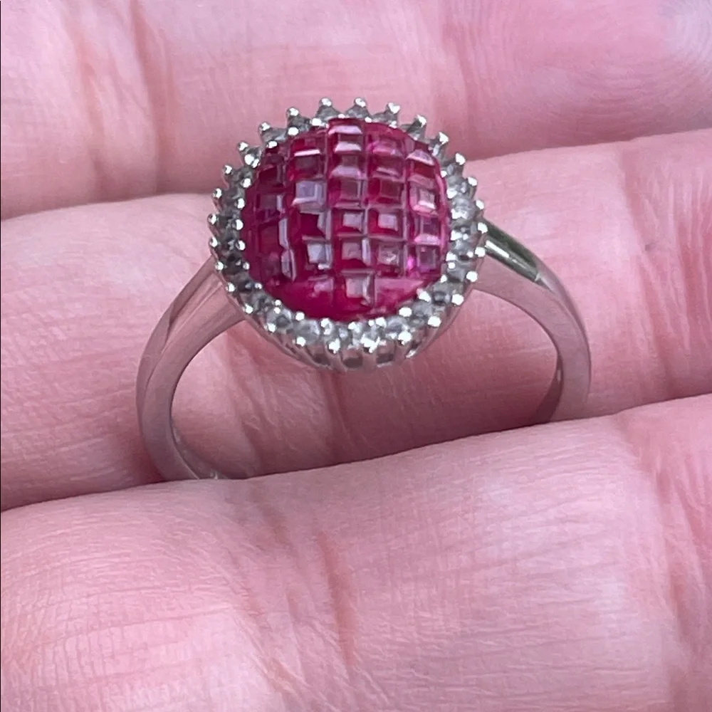 Natural Ruby Princess Cut Halo Ring White Topaz Accent in 925 Silver Size 7